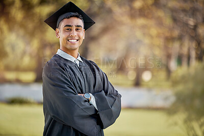 Buy stock photo Portrait of happy man, graduation or student in university campus with degree, scholarship or education. Success, smile or male Indian graduate standing outdoors in college with school achievement 