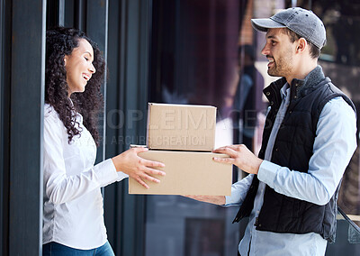 Buy stock photo Shot of a man making a delivery to a customer