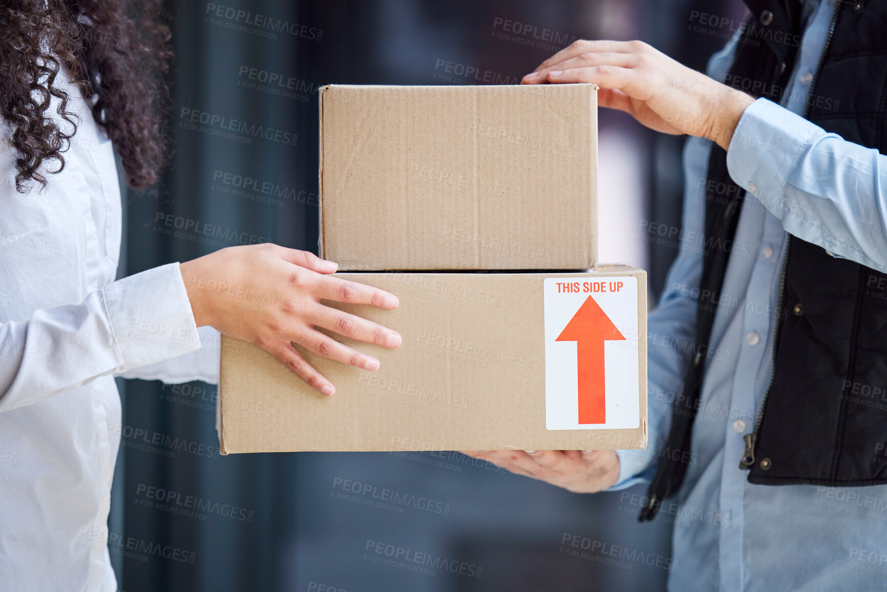 Buy stock photo Boxes, hands or woman with package, delivery man or cargo with freight, stock and distribution. Sales, customer and closeup of courier worker giving parcel or shipping with supply chain and service