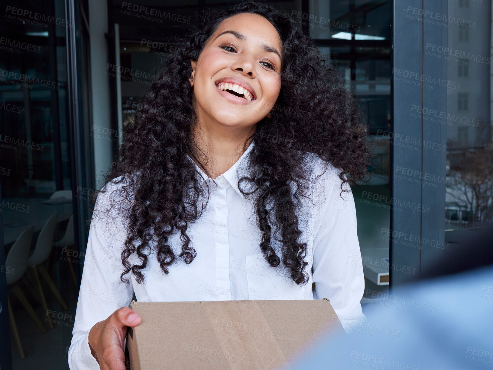 Buy stock photo Box, door or happy woman with package, delivery man or smile with freight, stock and distribution. Sales, customer and closeup of courier worker giving parcel or shipping with supply chain or service