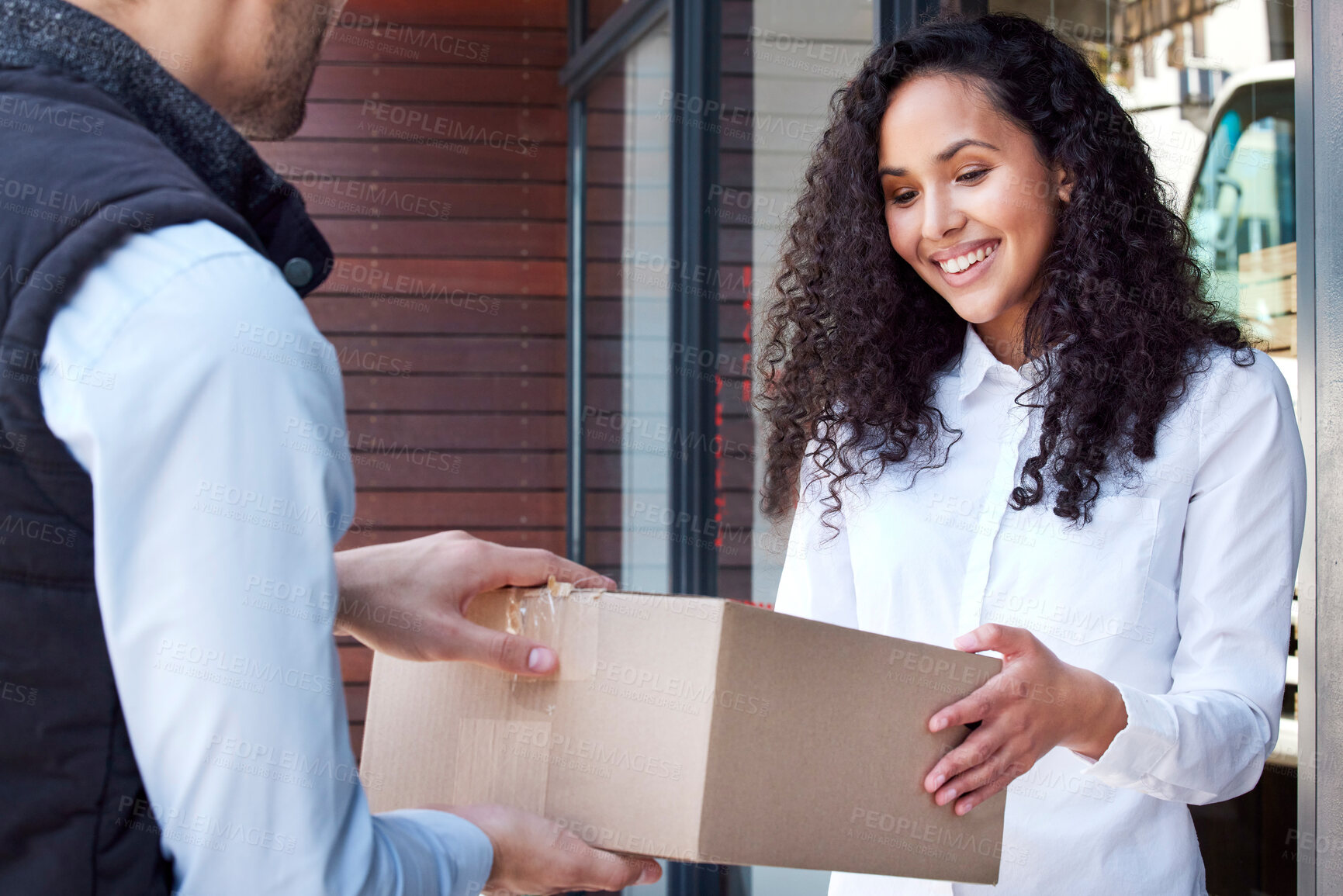 Buy stock photo Home, door or happy woman with box, delivery man or smile with freight, stock and distribution. Sales, customer and courier worker giving parcel, package or shipping with supply chain or good service