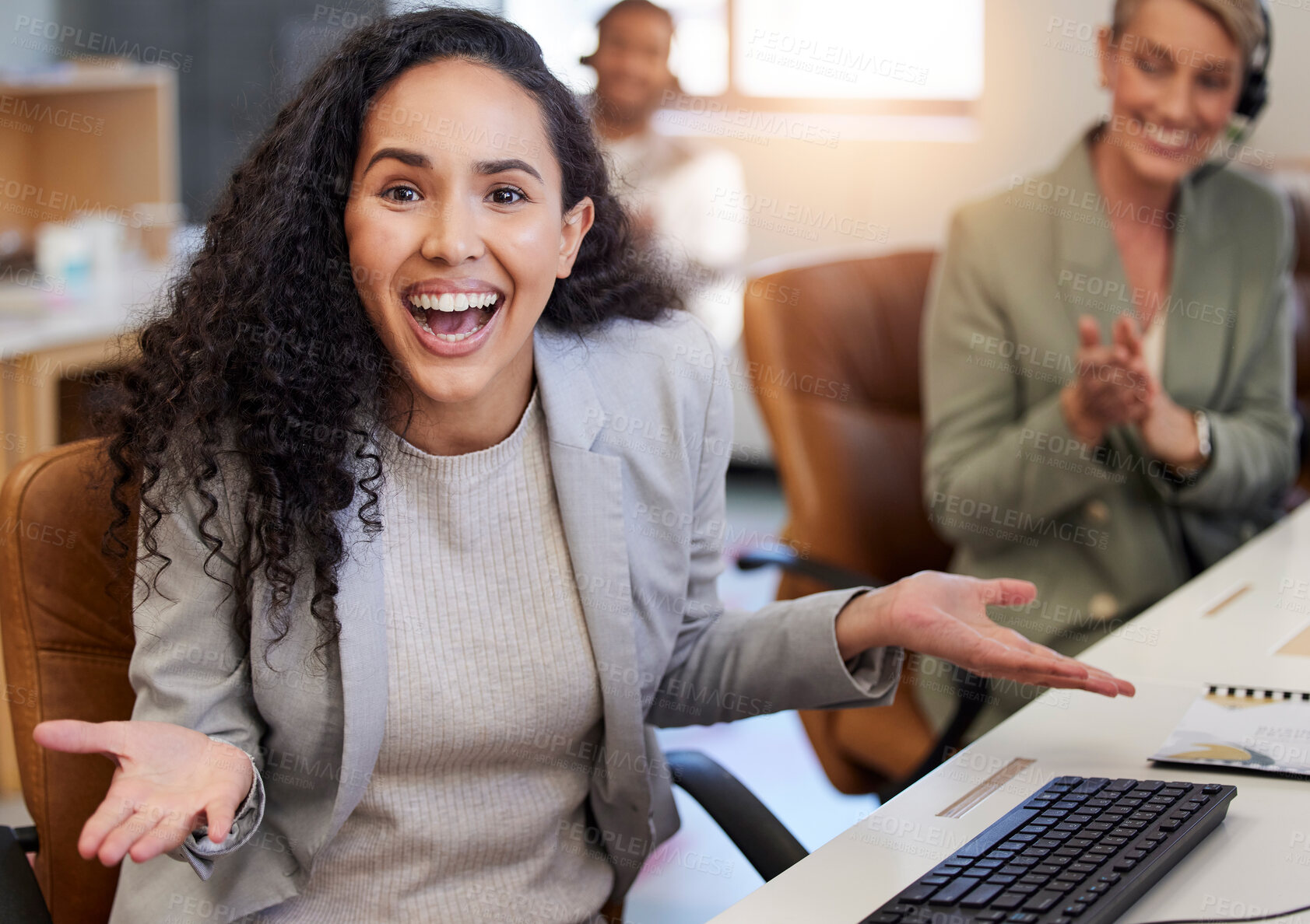 Buy stock photo Shot of a young businesswoman looking pleasantly surprised at work