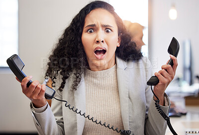 Buy stock photo Telephone, stress and portrait of business woman with challenge, scam or mistake in office. Phone, face and frustrated secretary on call with anxiety, depression or tired of work burnout on landline