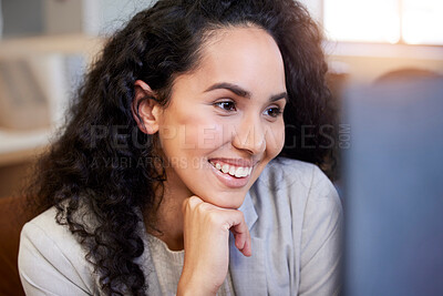 Buy stock photo Thinking, smile and business woman in office e reading email feedback, results or project proposal review. Idea, planning and law firm intern with idea inspiration, research or upskill application