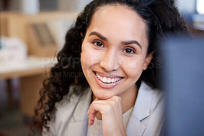 Buy stock photo Portrait, smile and business woman in office with positive email feedback, results or project proposal review. Idea, planning or law firm intern with goal inspiration, research or upskill application