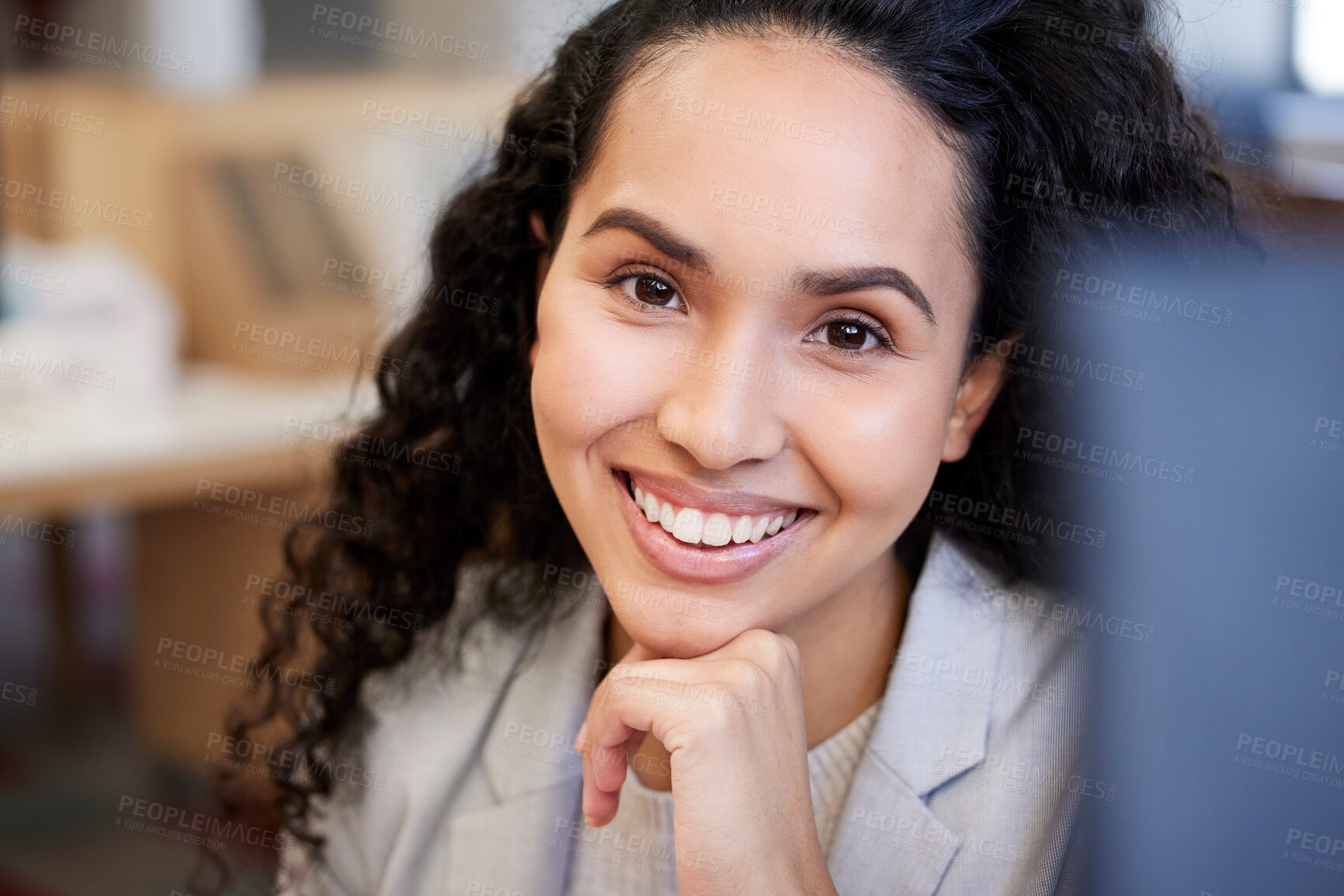 Buy stock photo Portrait, smile and business woman in office with positive email feedback, results or project proposal review. Idea, planning or law firm intern with goal inspiration, research or upskill application