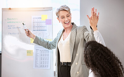 Buy stock photo Presentation, meeting and woman high five business people in office for talking, discussion and feedback. Corporate, professional and men and women with whiteboard for collaboration and teamwork