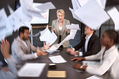 Buy stock photo Diversity, woman ceo screaming in anger at colleagues and paperwork in a meeting room at their workplace. Problem, paper and female manager scream at her coworkers with documents falling around