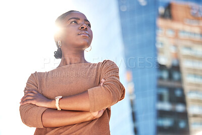 Buy stock photo Crossed arms, thinking and business black woman for ambition mindset, travel and morning commute. Corporate, professional and entrepreneur in urban town for career, working and job opportunity