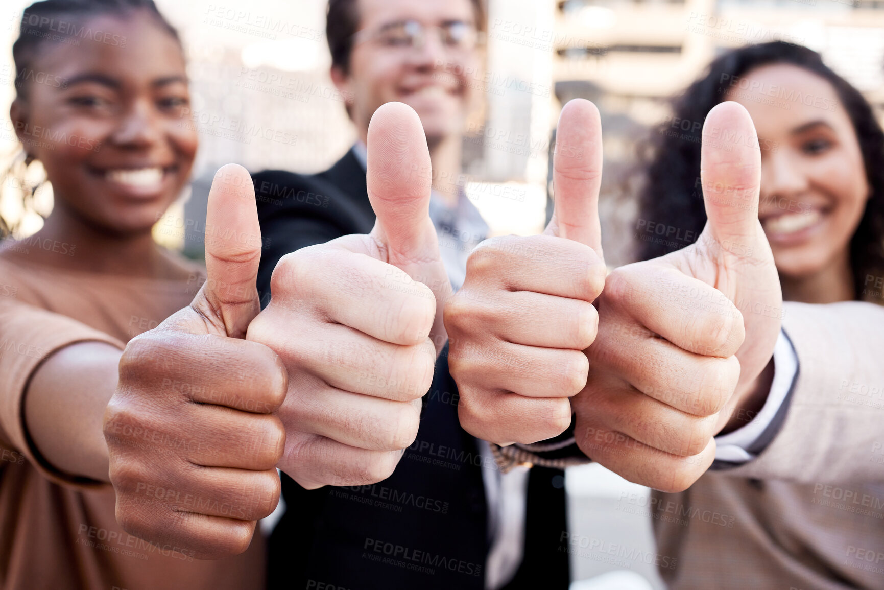 Buy stock photo Portrait, smile and business people with thumbs up in city for teamwork, support or partnership opportunity. Yes, face and group with diversity, happy and hand emoji for about us, recruitment or deal