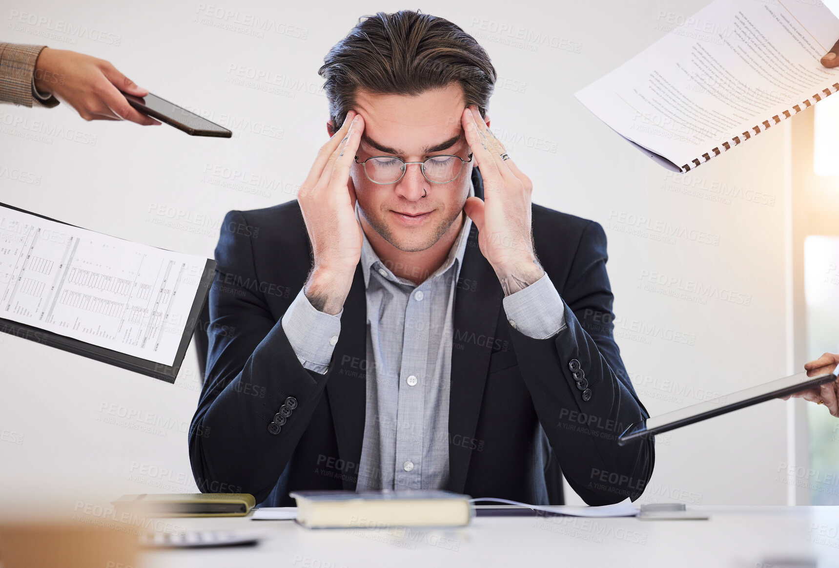 Buy stock photo Stress, multitasking and business man with documents for pressure, chaos and feedback from team. Corporate manager, professional office and person with crisis, phone and burnout for project deadline
