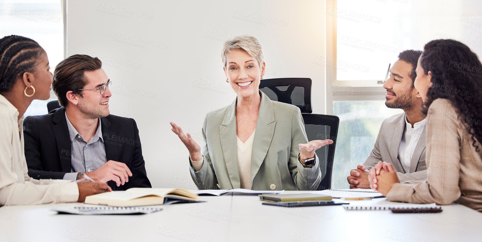 Buy stock photo Happy, meeting and portrait of business people in boardroom for teamwork, collaboration or planning. Corporate, professional office and men and women for discussion, conversation and working together