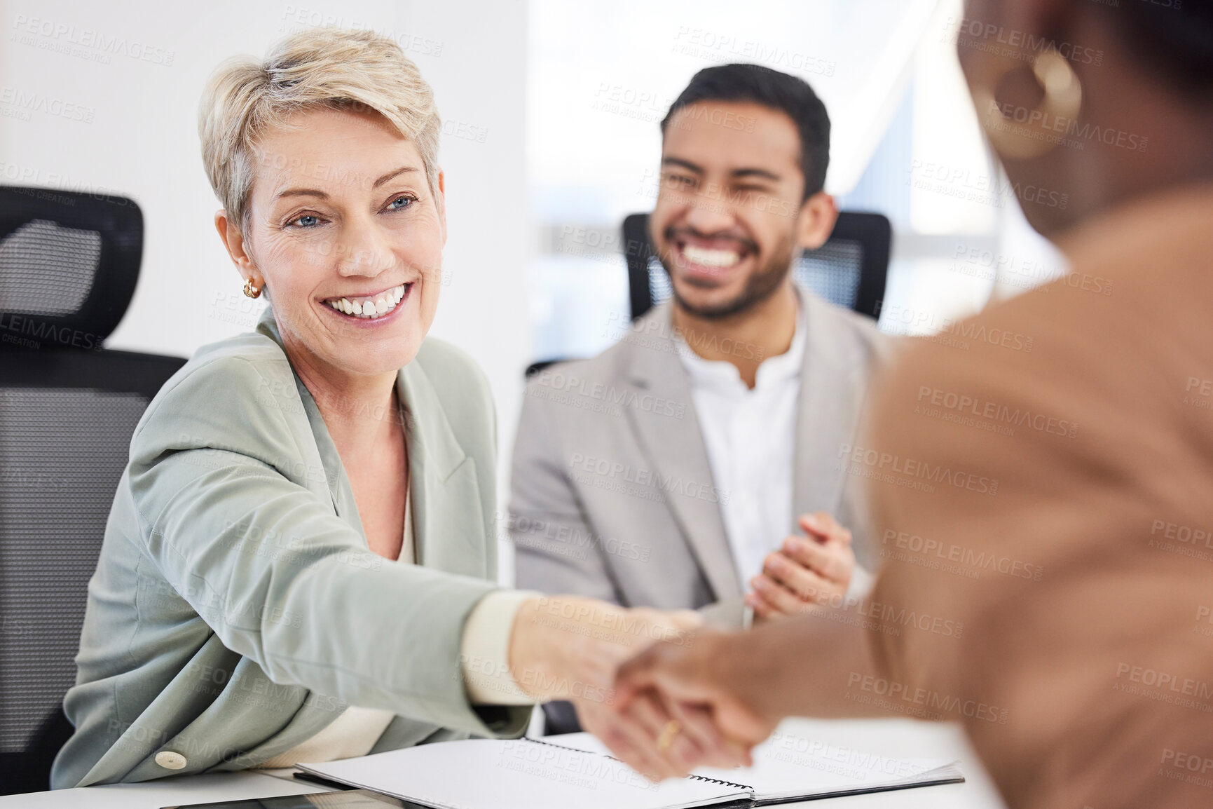 Buy stock photo Meeting, handshake and business people with welcome, interview and networking for b2b deal. Agreement, negotiation and happy team in office shaking hands for congratulations, celebration and success.