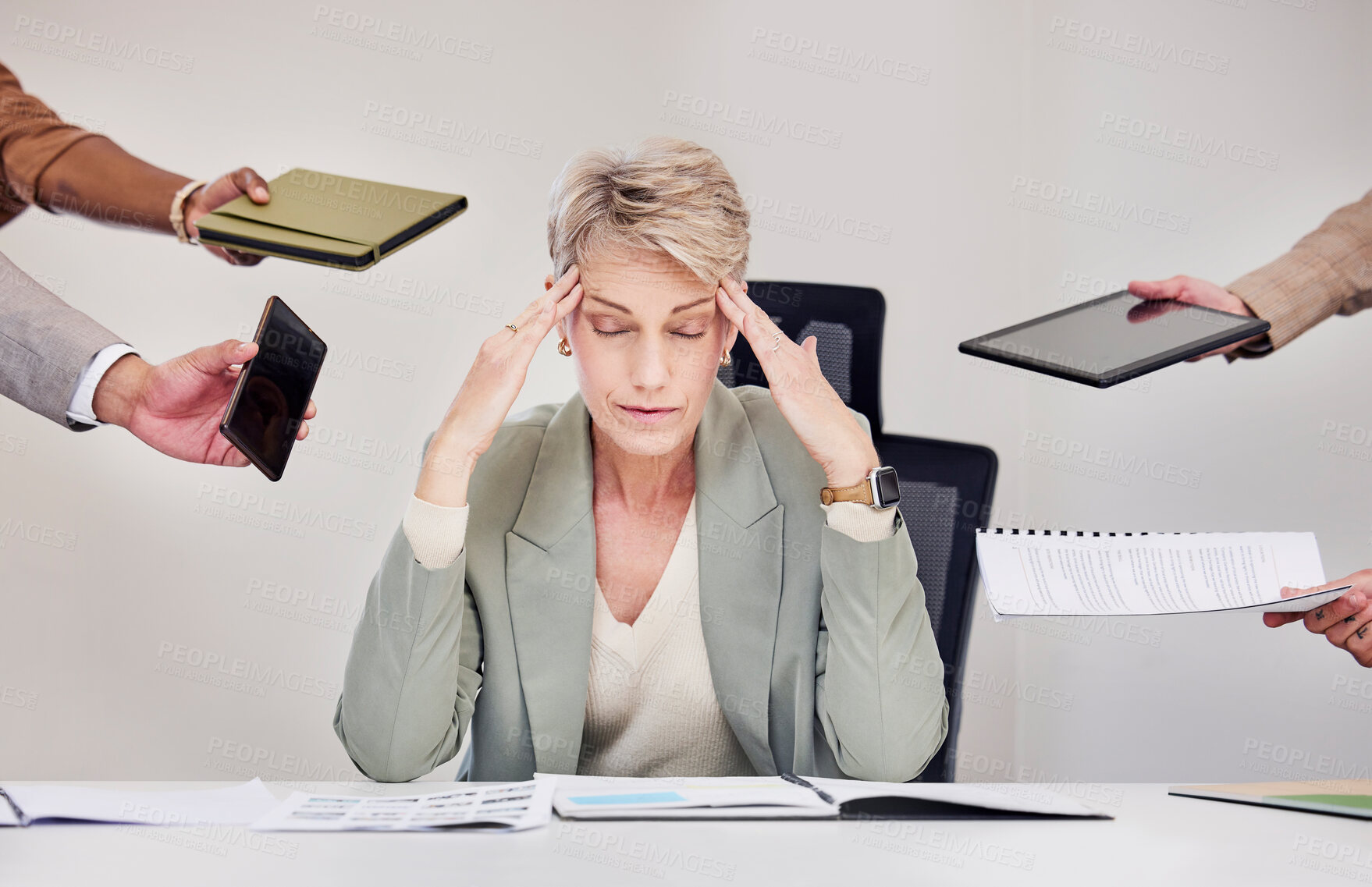 Buy stock photo Stress, multitasking and business woman with documents for pressure, chaos and feedback from team. Corporate manager, office and frustrated person with crisis, phone and burnout for project deadline