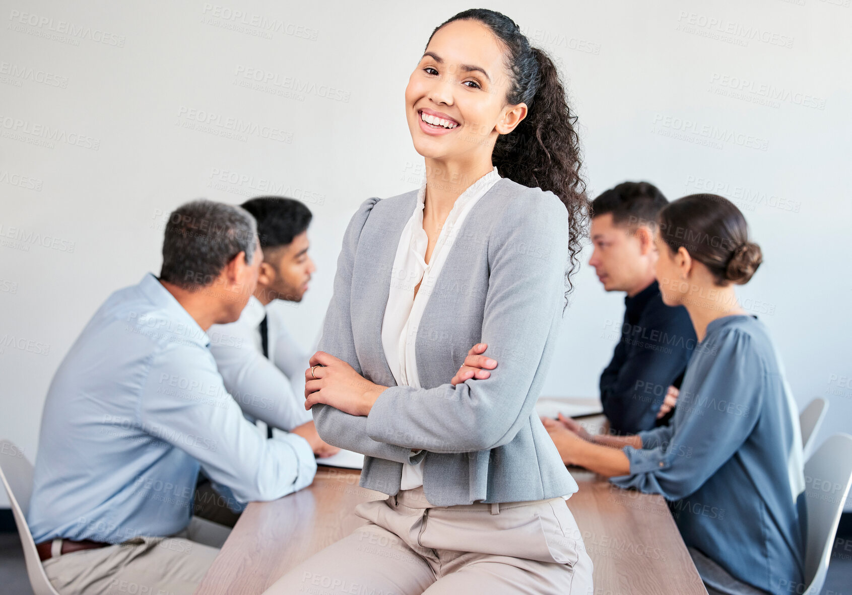 Buy stock photo Portrait, office and woman with confidence, leadership and opportunity in workshop, meeting and support. Consultant, smile and business people in conference room with arms crossed, about us and team