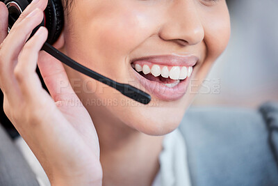 Buy stock photo Call center, customer service and woman with headset in office for online advice, business and help. Communication, telemarketing and worker with microphone for contact, crm support and consulting