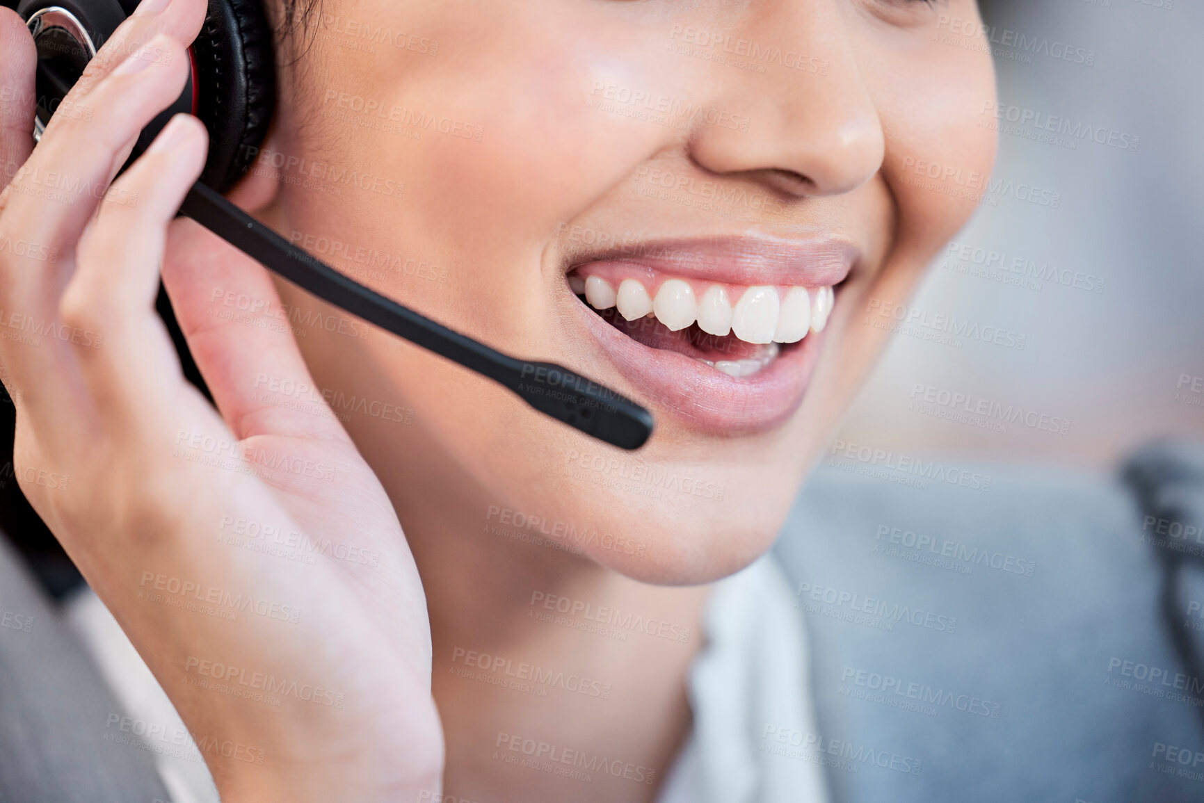 Buy stock photo Call center, customer service and woman with headset in office for online advice, business and help. Communication, telemarketing and worker with microphone for contact, crm support and consulting