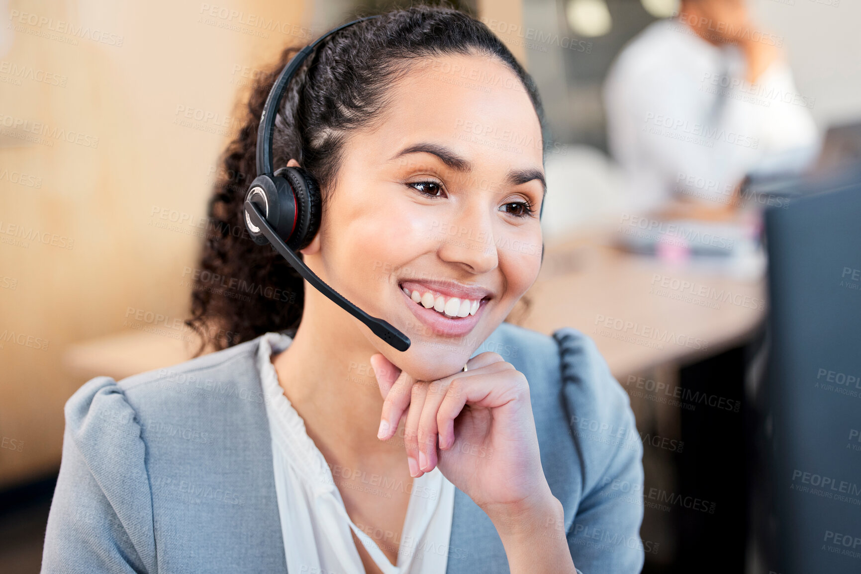 Buy stock photo Call center, customer support and woman on computer in office for online advice, business and help. Communication, telemarketing and happy worker with headset for contact, CRM service and consulting