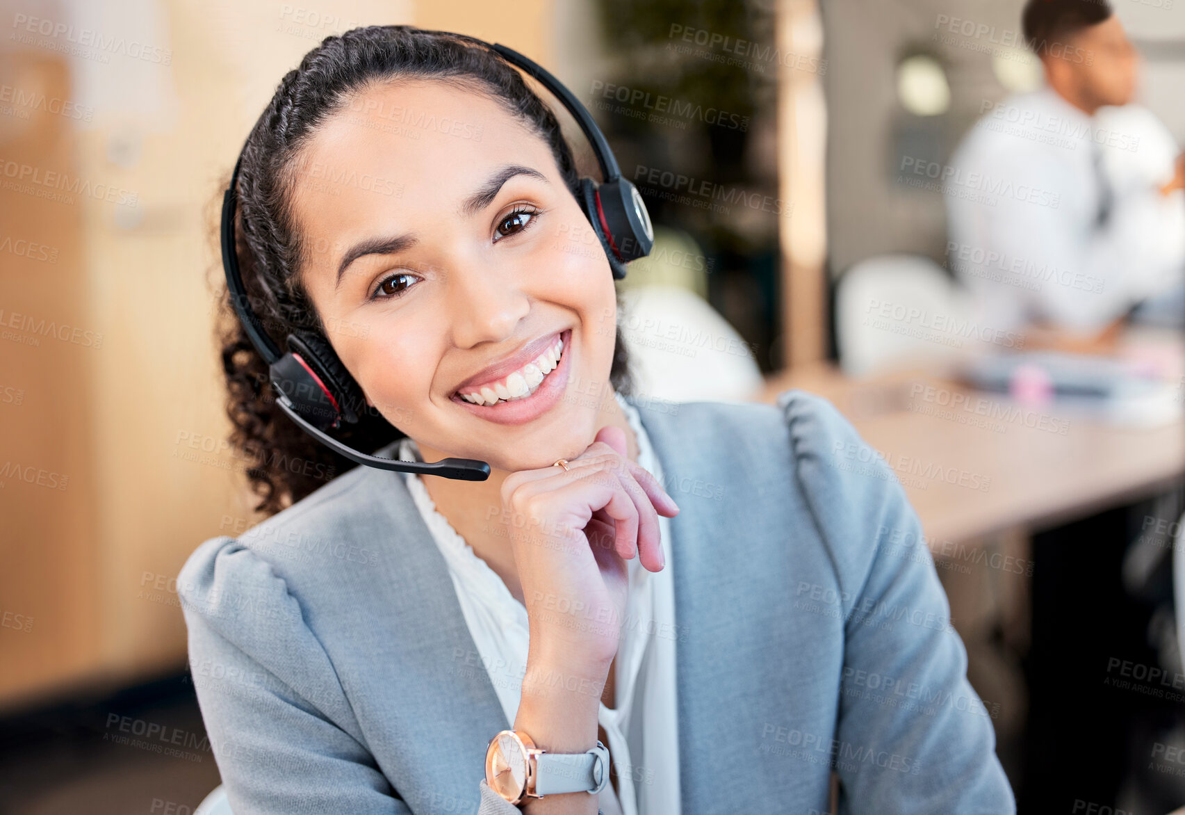 Buy stock photo Call center, customer support and portrait of woman in office for online advice, business and help. Communication, telemarketing and happy worker with headset for contact, CRM service and consulting