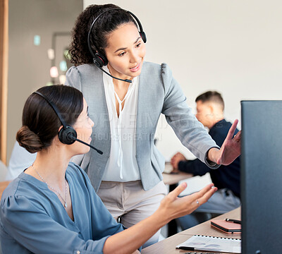 Buy stock photo Computer, training and women in callcenter for mentorship, advice or problem solving at help desk. Support, manager and consultant at customer service agency together for ideas, opinion and mentor