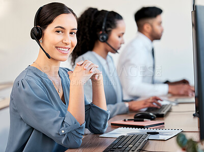 Buy stock photo Call center, customer service and portrait of woman on computer for online help, communication and talk. Business office, telemarketing and worker with headset for contact, crm support and consulting