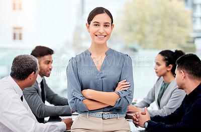 Buy stock photo Shot of a young businesswoman in the midst of a meeting