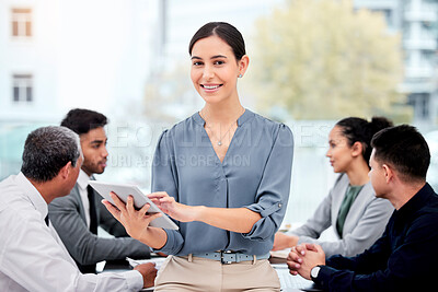 Buy stock photo Tablet, business meeting and woman portrait for happy leadership, employee management and online planner or schedule. Face of professional person with digital technology or agenda for work conference