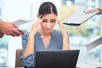 Buy stock photo Headache, chaos and business woman, documents or computer stress, financial report and debt fail, crisis or mistake. Confused, time management problem and manager, people hands and finance paperwork
