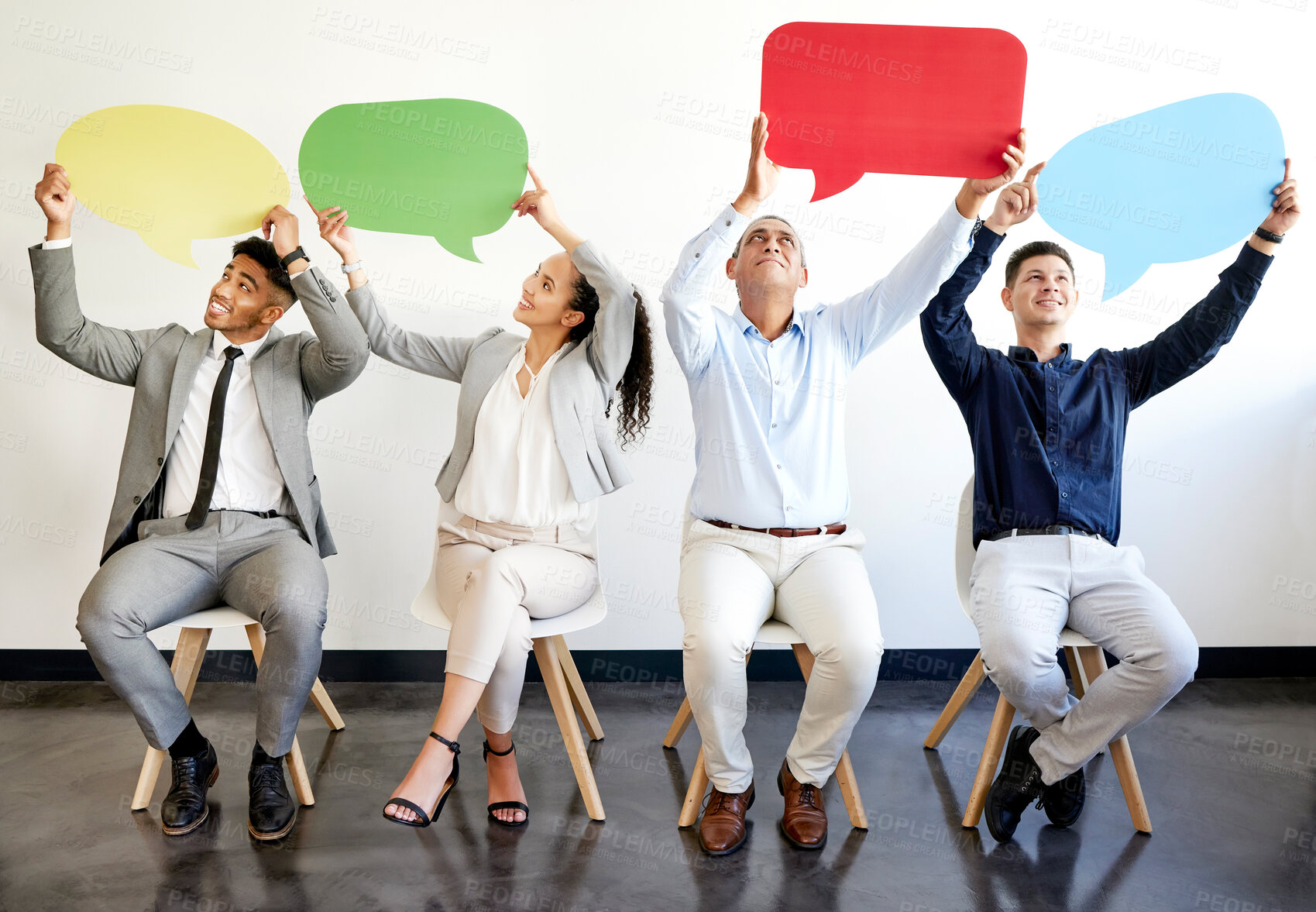 Buy stock photo Business, people and speech bubble together on chair, corporate employee and opinion with company news. Social media , recruitment and waiting room or workplace feedback, staff and hiring opportunity