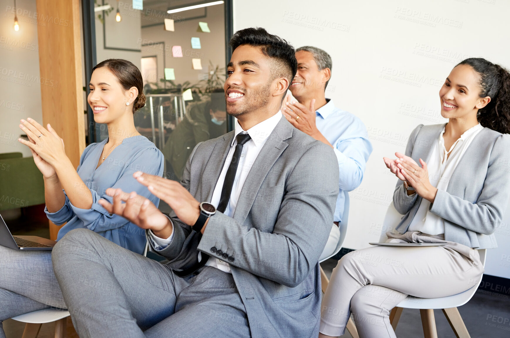 Buy stock photo Business, people and applause in meeting together, team building and conference for office employees, Company, goals and development with clapping hands, audience and presentation in workplace