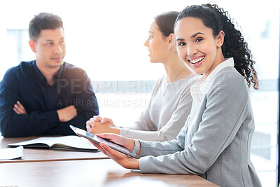 Buy stock photo Business meeting, portrait and woman on tablet for digital strategy, kpi review or company update on sales, profit and revenue. Accounting, finance and accountant or corporate employee on technology