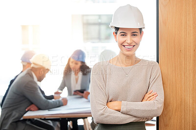 Buy stock photo Business woman, arms crossed and office for architecture, construction or building planning. Engineer, architect or young female leader for teamwork, collaboration or blueprint for project or talking