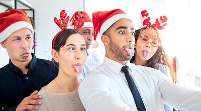 Buy stock photo Christmas, funny selfie and office friends or group of work people happy together in business office, celebration and show tongue. Teamwork, happiness and diverse team employees celebrate holiday