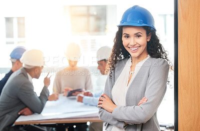 Buy stock photo Business meeting, woman and engineer portrait with engineering team for planning strategy, ceo working and collaboration in office. Construction, employee and happy manager smile for teamwork