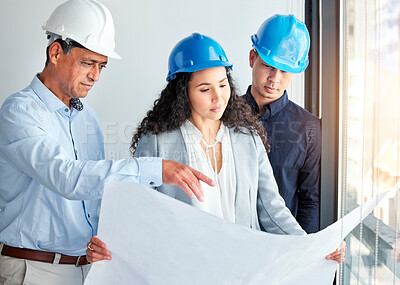 Buy stock photo Architecture, blueprint and business people teamwork, planning building development and civil engineering project for safety check. Floor plan paper, corporate contractor and construction strategy