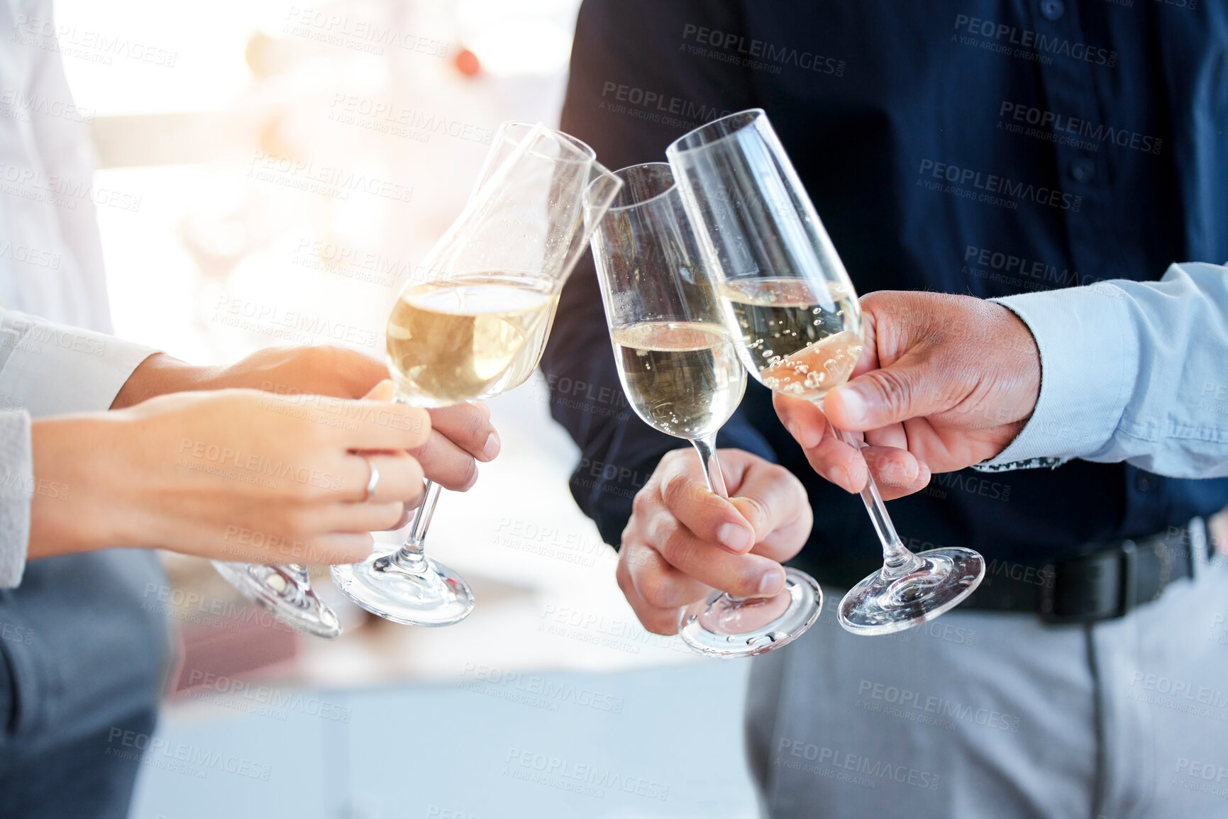 Buy stock photo Hands, cheers champagne and success in business for startup teamwork, employees celebrate collaboration and interracial team. Diversity, corporate support and wine or celebration party in office