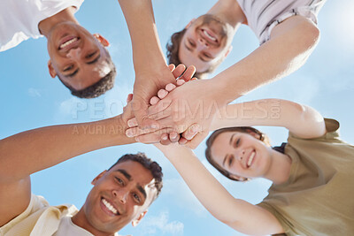 Buy stock photo Below, friends and hands pile for support, motivation or education at campus summer. Diversity, students and collaboration for learning with teamwork, studying or scholarship at college together