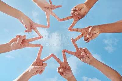 Buy stock photo People, hands and finger with star below in unity, collaboration or motivation of community with blue sky. Low angle, closeup or group touching in shape, solidarity or partnership for outdoor synergy