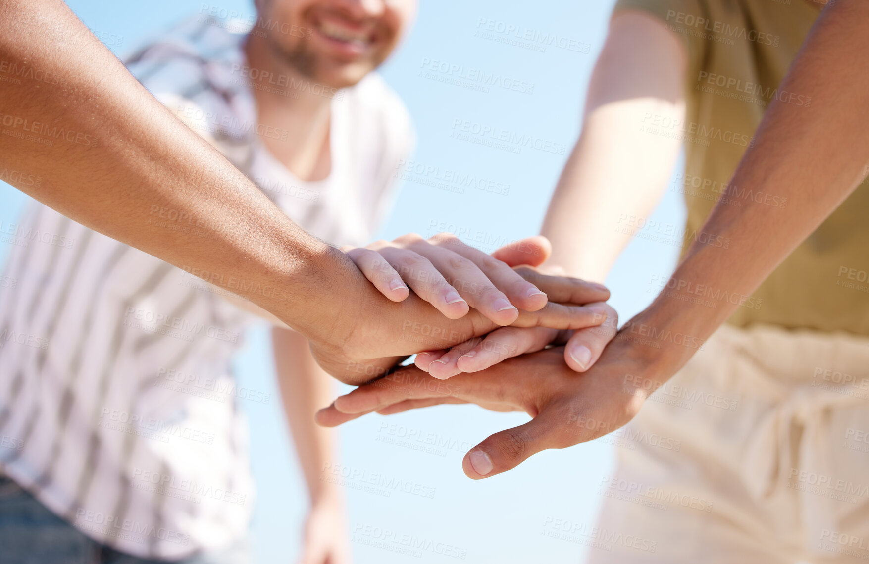 Buy stock photo People, team and hands together with community in unity, agreement or motivation in nature. Closeup, group or friends piling, touching or solidarity for partnership, collaboration or outdoor synergy