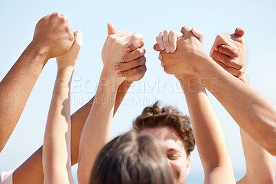 Buy stock photo People, outdoor and holding hands in sky for support, solidarity and community with trust or bonding together. Men, women and partnership for union or collaboration, synergy and diversity with unity.