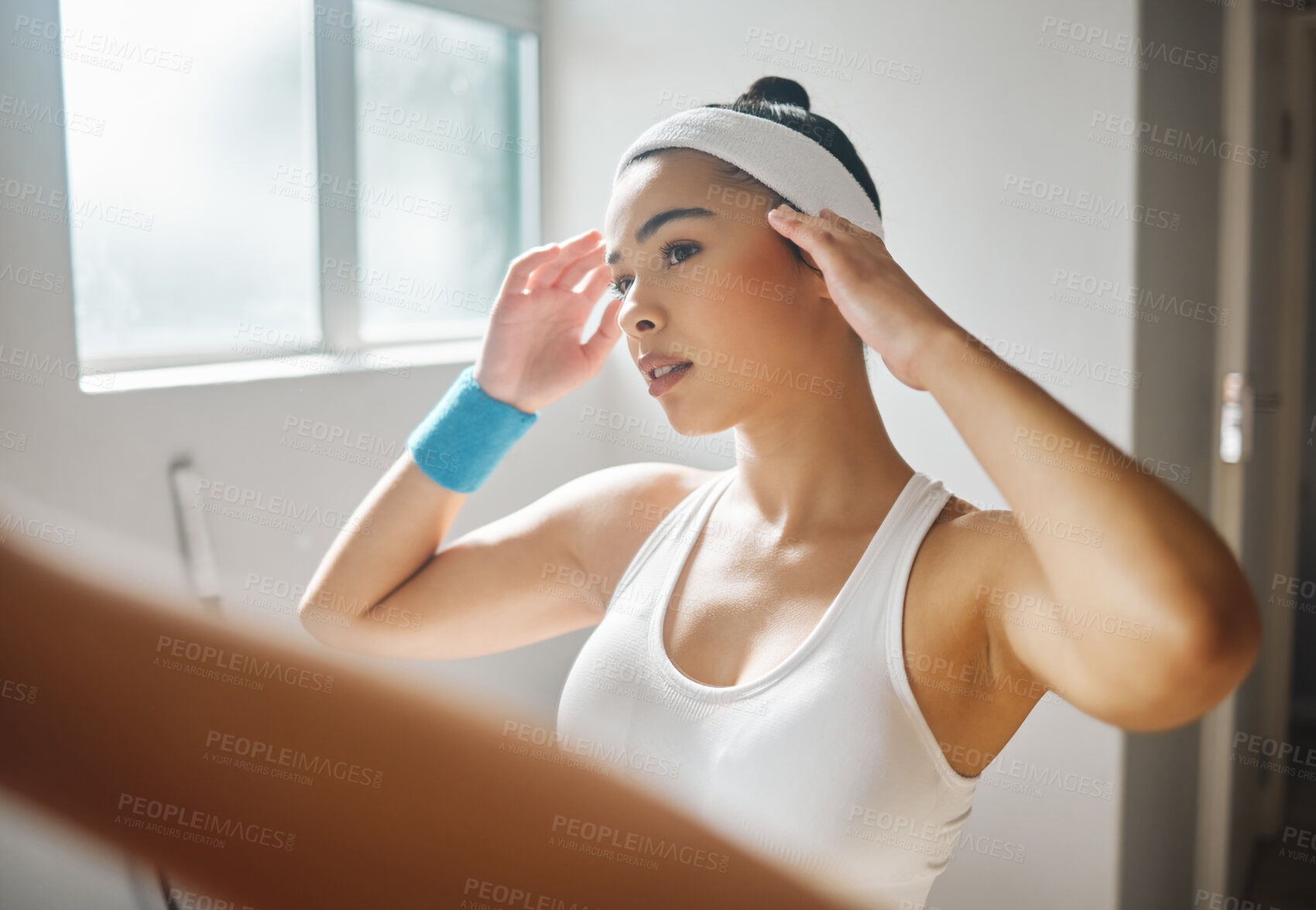 Buy stock photo Athlete, woman and mirror in locker room for sports, tennis and match in arena for preparation or warm up. Active, female person and healthy in bathroom for fitness, wellness and competition at club