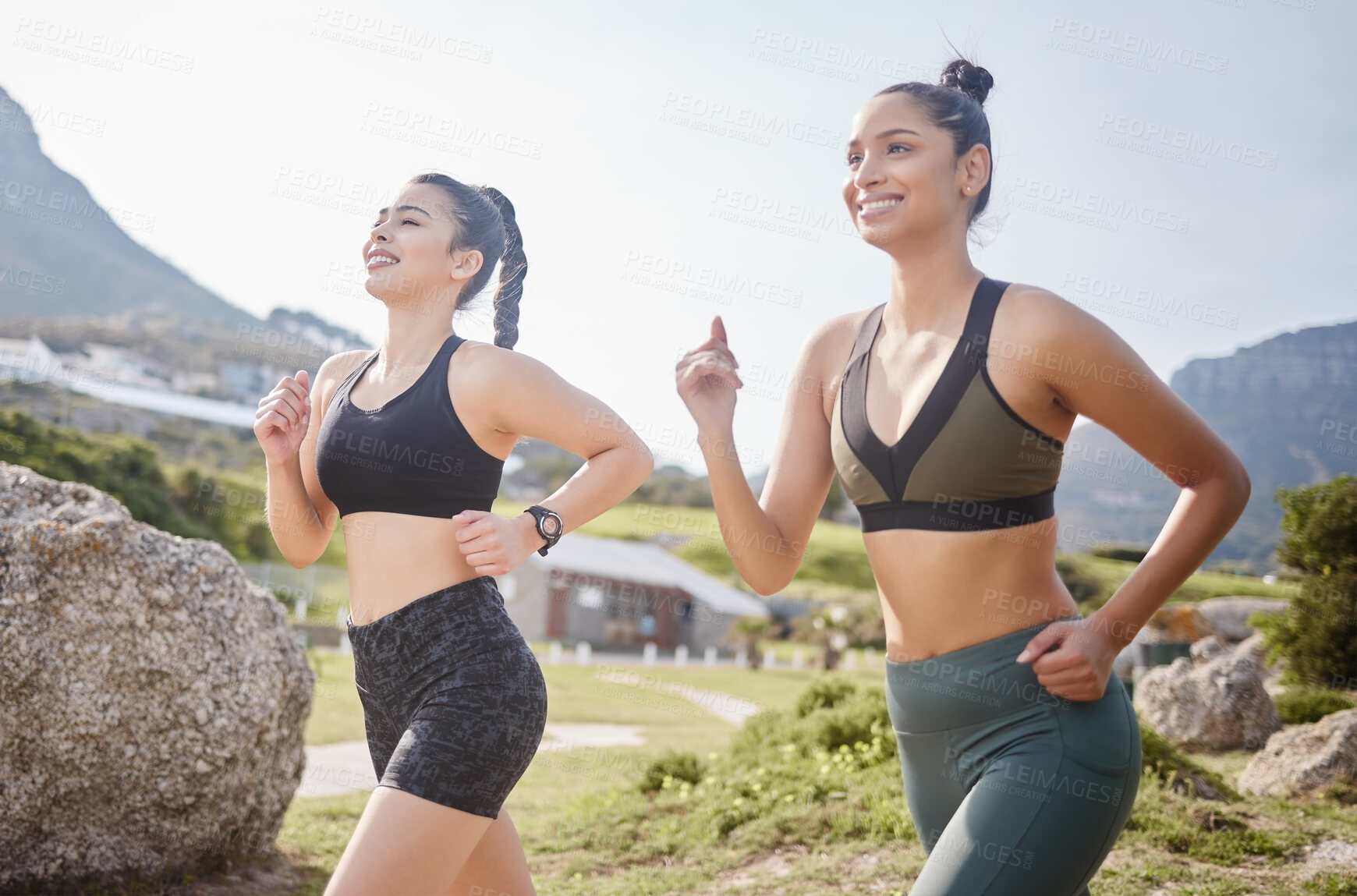 Buy stock photo Women, friends and happy for fitness with running to exercise, workout and training in Brazil. People, outdoor and smile or satisfied with jogging for self care, wellness and wellbeing with routine