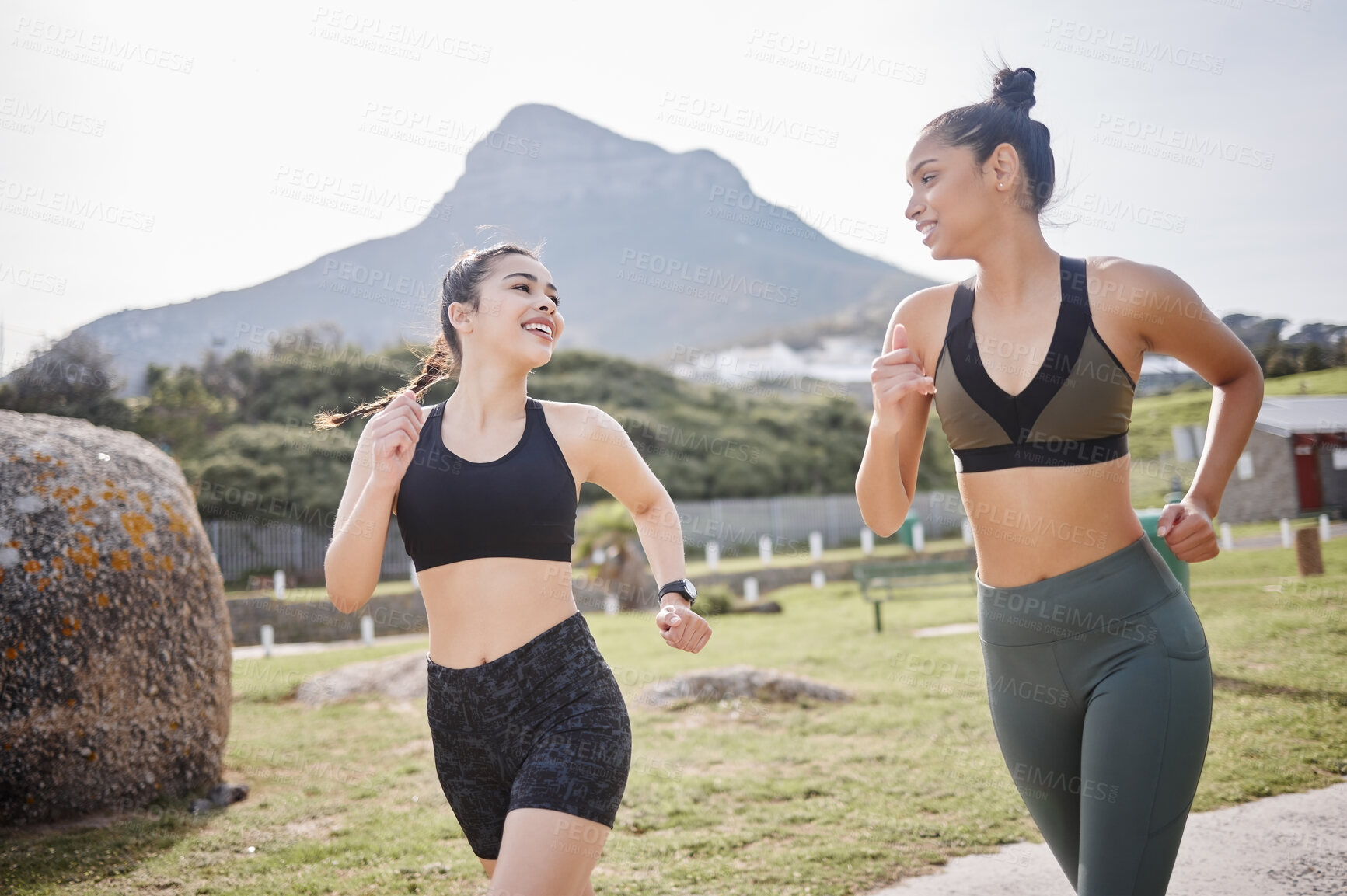 Buy stock photo Women, friends and smile for fitness with running to exercise, workout and training in Brazil. People, outdoor and happy or satisfied with jogging for self care, wellness and wellbeing with routine