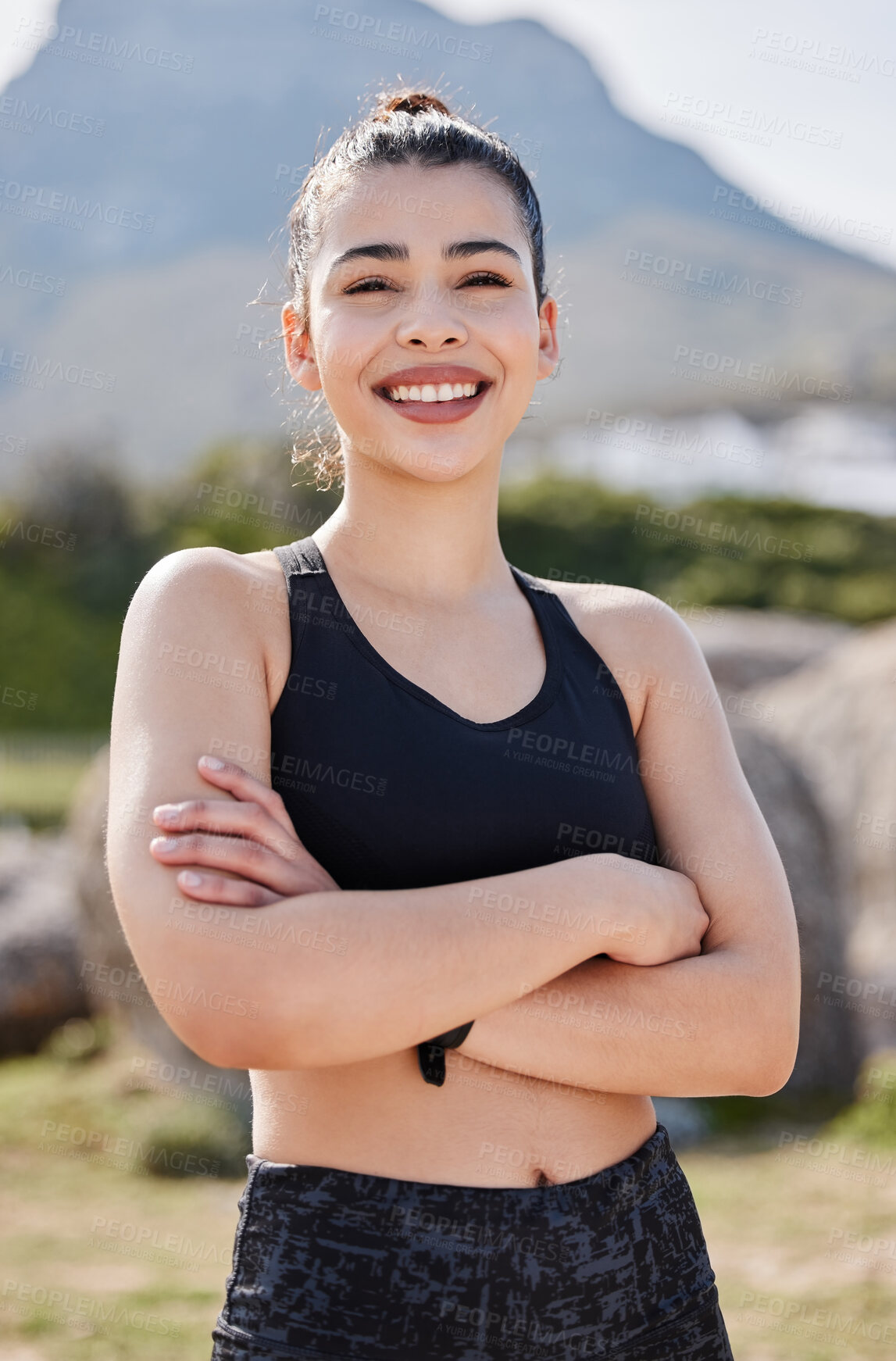 Buy stock photo Arms crossed, woman and happy for fitness in outdoor with pride for workout, exercise and training in Brazil. Female person, portrait and smile with sportswear for wellness, health and self care