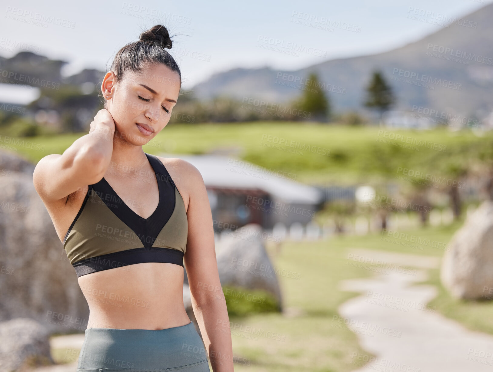 Buy stock photo Woman, fitness and neck pain from running outdoor with muscle stress, marathon burnout and cardio mistake. Active, female person and back injury from exercise, medical risk or sports accident of fail