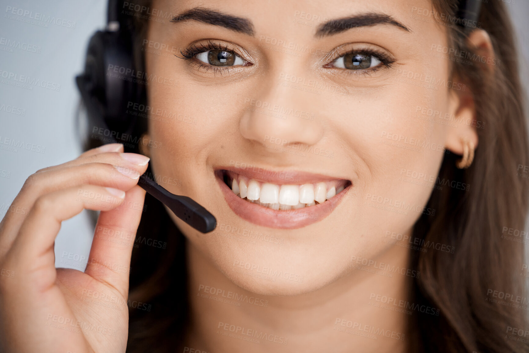 Buy stock photo Contact us, portrait or happy woman in call center tech support consulting, speaking or talking. Communication, crm or face of happy consultant in telemarketing or telecom company with microphone 