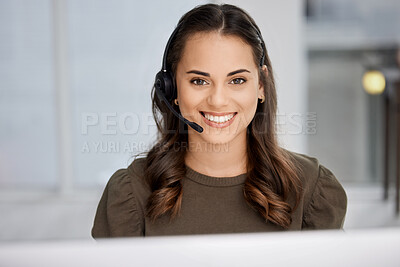 Buy stock photo Customer service, portrait or happy woman in call center tech support consulting, speaking or talking. Communication, face or friendly consultant in telemarketing or telecom company with microphone