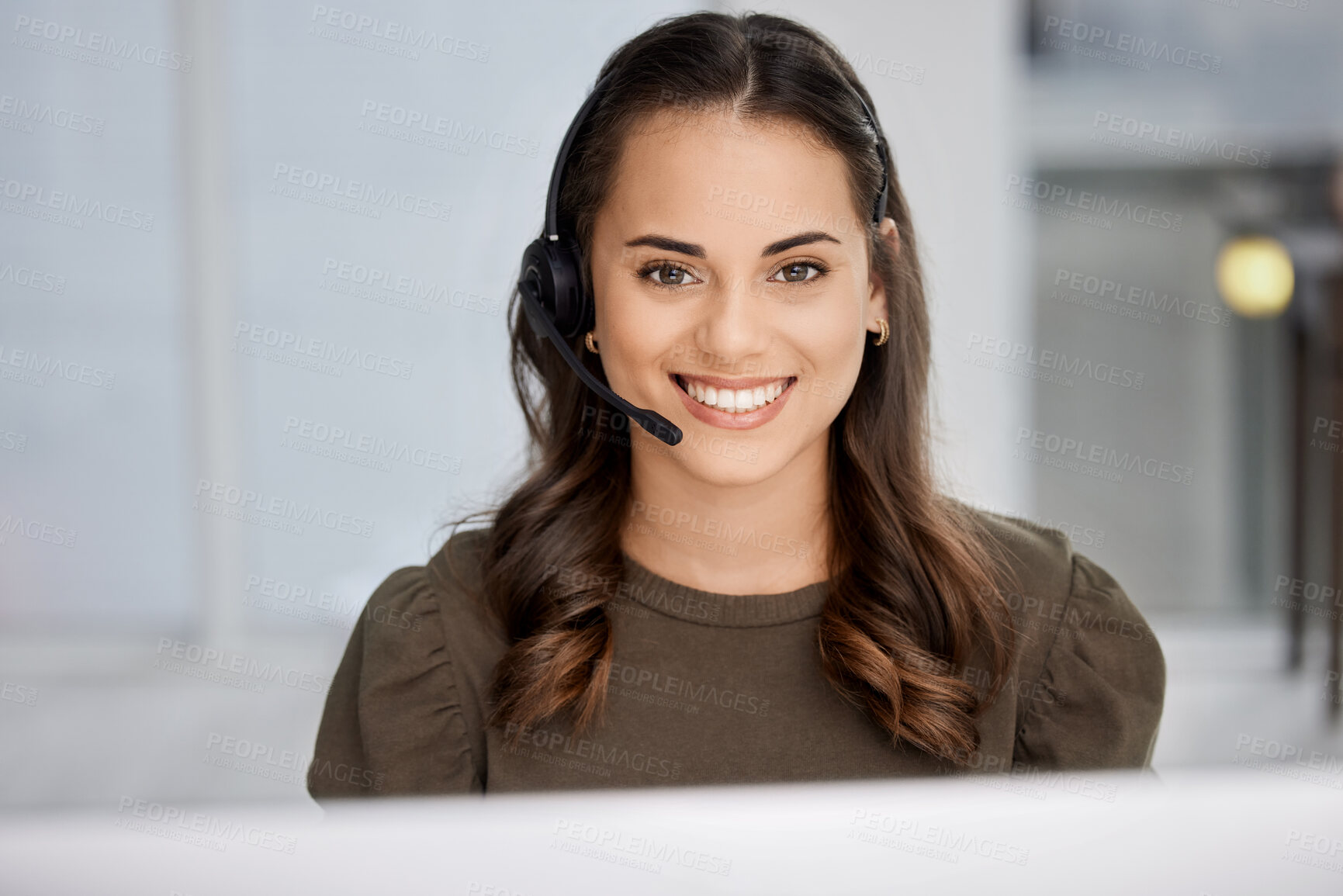 Buy stock photo Customer service, portrait or happy woman in call center tech support consulting, speaking or talking. Communication, face or friendly consultant in telemarketing or telecom company with microphone