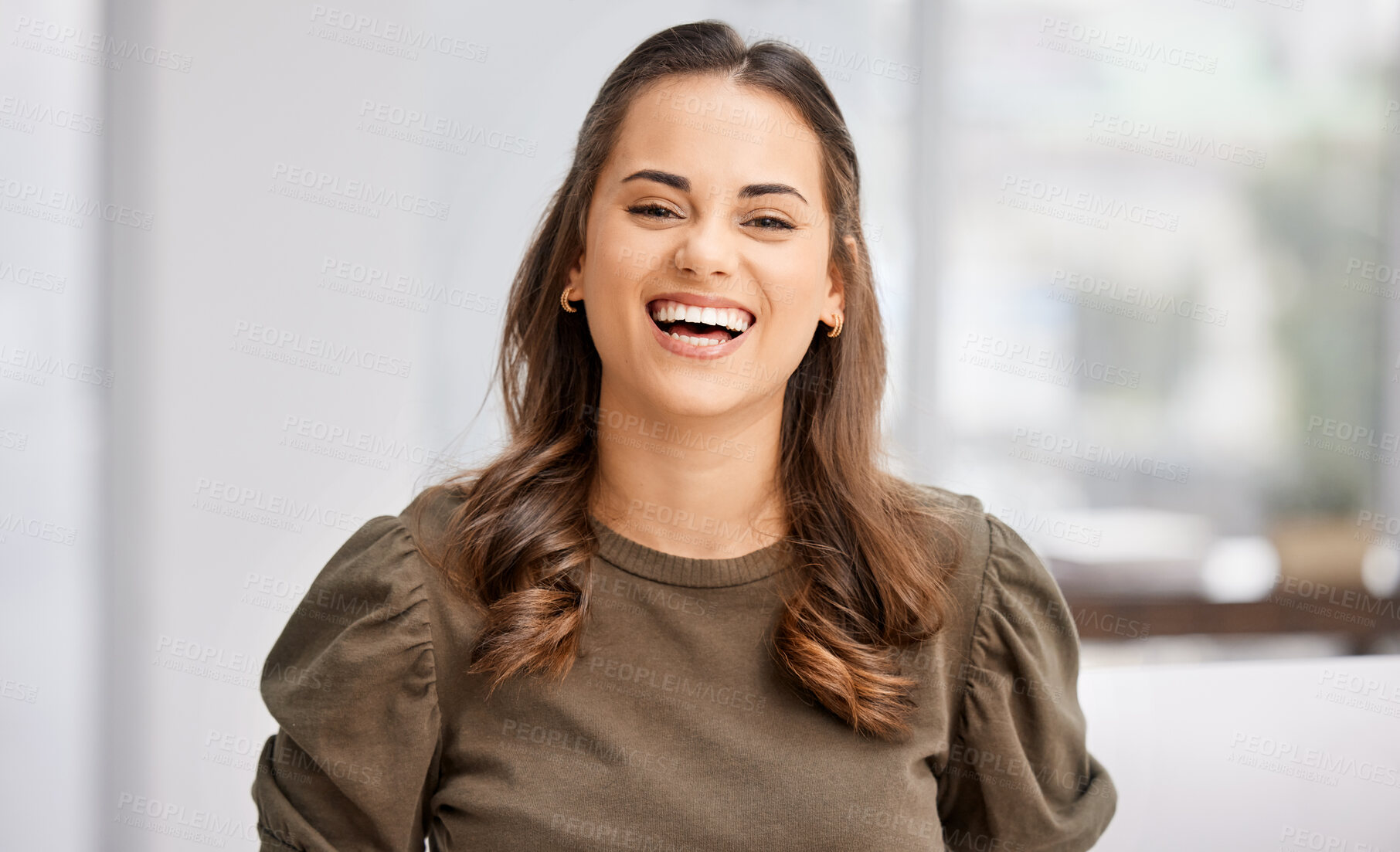 Buy stock photo Portrait, happy and businesswoman with laughter in office for carefree or positive attitude as human resource agent. Smile, female person and employee with comic or excited for funny joke at work