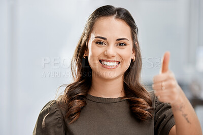 Buy stock photo Woman, portrait and thumb up with smile at the office for an achievement with entrepreneur in a workplace. Female professional, happy and agreement with employee working at a company for success.